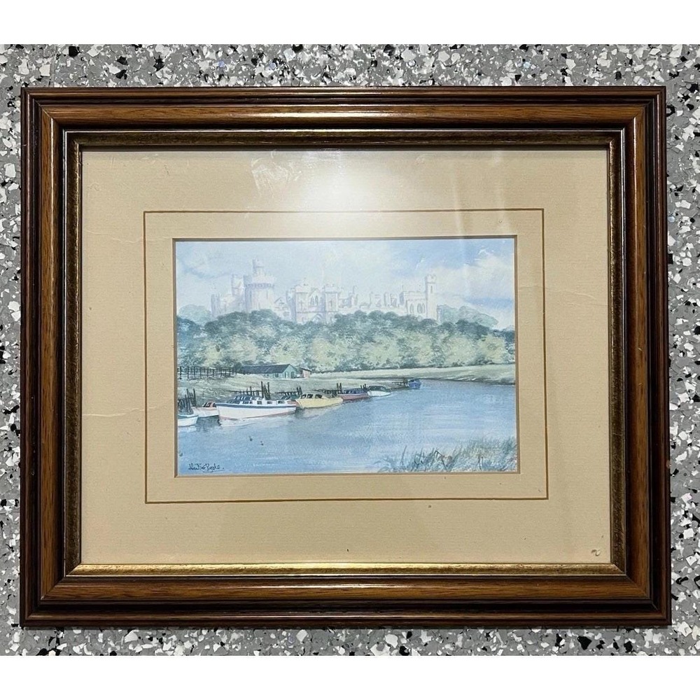 Vintage Framed English Castle River Boat Print Signed Cottage Wall Art